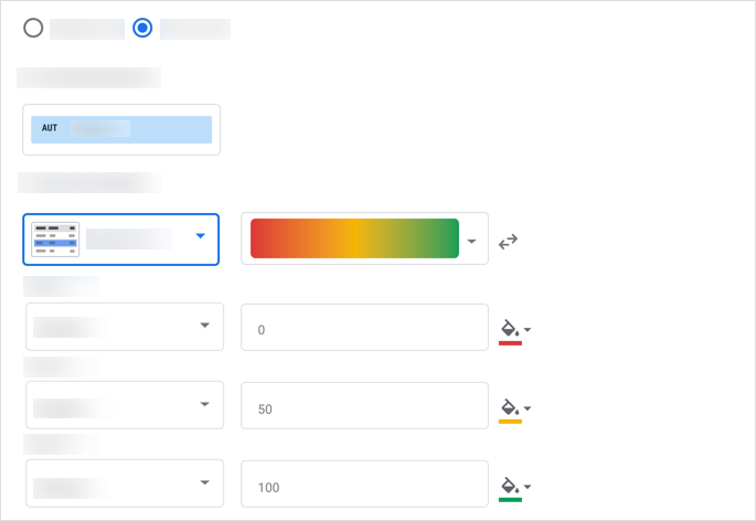 O painel de formatação condicional Criar regras apresenta regras de formatação predefinidas para três pontos de dados.