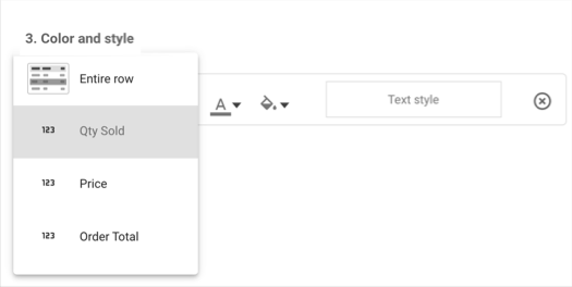 A secção Cor e estilo no painel de formatação condicional Criar regras para um gráfico de tabela apresenta opções de campo e estilo.