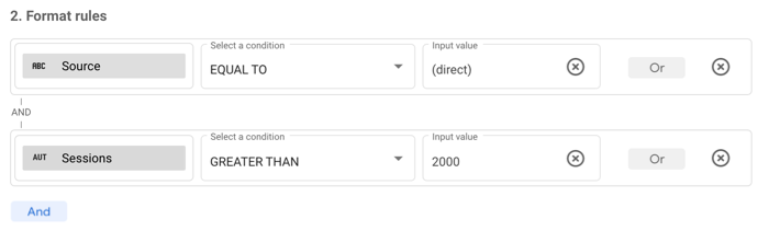 En la sección Formato de reglas del panel Crear reglas, se muestran las condiciones Fuente es igual a (directa) Y Sesiones es mayor que 2,000.