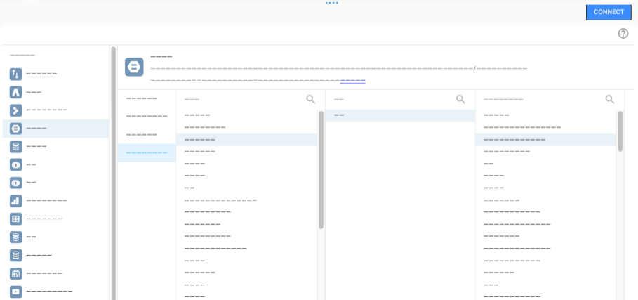 BigQuery 연결의 커넥터 선택 패널에는 프로젝트, 결제 프로젝트, 데이터 세트, 사용 가능한 테이블 옵션이 표시됩니다.