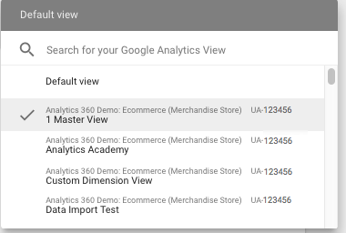 L'elenco a discesa Cerca la tua vista Google Analytics mostra le viste a cui può accedere un utente di esempio, tra cui una vista principale, Analytics Academy, una vista delle dimensioni personalizzate e un testo di importazione dei dati.