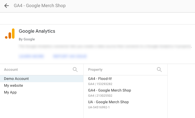 Google Analytics 连接器配置页面。系统已选择 Google Analytics 演示账号，并且媒体资源列表中显示了属于该账号的三个媒体资源。