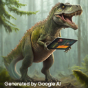 Um tiranossauro está numa floresta primitiva a segurar um tablet com visualizações de dados.