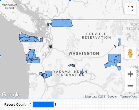 Un mapa de Google con polígonos geográficos azules que representan la asequibilidad del alquiler en el estado de Washington por condado muestra polígonos solo para algunos condados.