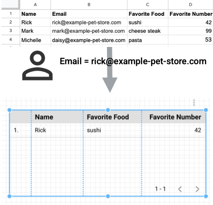 תרשים הטבלה עם נתונים מ-Google Sheets מסונן לפי כתובת האימייל rick@example-pet-store.com, ובתרשים מוצגים רק הערכים של Name, Favorite Food ו-Favorite Number עבור כתובת האימייל הזו.