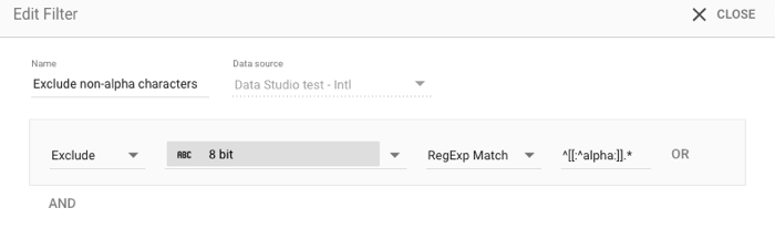 [Exclude non-alpha characters] というフィルタの [フィルタを編集] ダイアログ。設定は [Exclude RegExp Match ^[[