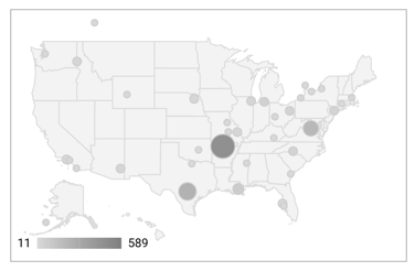 Diagram geografi Amerika Serikat dengan penanda kota berukuran bervariasi dalam nuansa abu-abu menunjukkan jumlah sesi web, dan skala gradien abu-abu dari abu-abu muda hingga abu-abu tua mewakili rentang nilai dari 11 hingga 589.