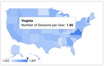 Un diagrama geográfico de Estados Unidos en varios tonos de azul, con Virginia en azul oscuro y una escala de gradiente azul de 1.022 a 1.857; el cuadro de información sobre Virginia muestra el texto Cantidad de sesiones por usuario: 1.85.