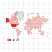 Un mapa de burbujas del mundo muestra países en varios tonos de rojo, con Estados Unidos en rojo oscuro y una escala de degradado que va de 1 a 35.556 tonos por debajo.