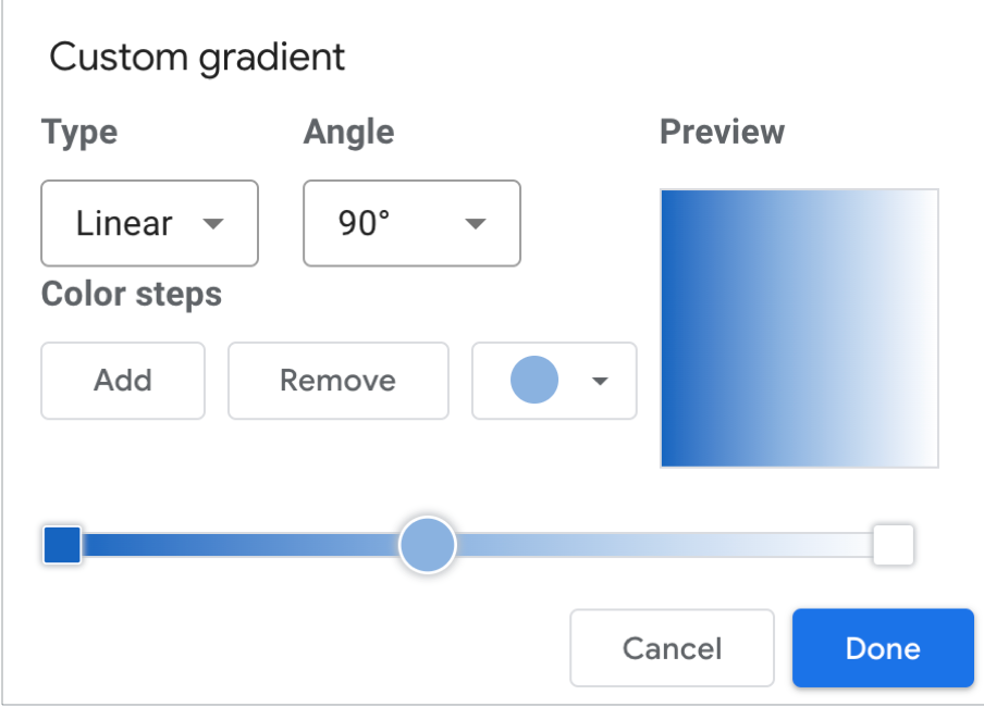 El cuadro de diálogo de degradado personalizado configurado para un degradado lineal de 90 grados con 3 pasos de color, que se difumina de izquierda a derecha del azul oscuro al blanco.