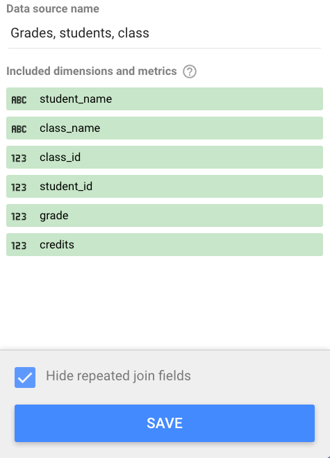 Eine Kombination aus den Tabellen „Grades“ (Noten), „Students“ (Teilnehmer) und „Class“ (Kurs) mit nur einem Feld „student_id“ (Teilnehmer-ID) und nur einem Feld „class_id“ (Kurs-ID).