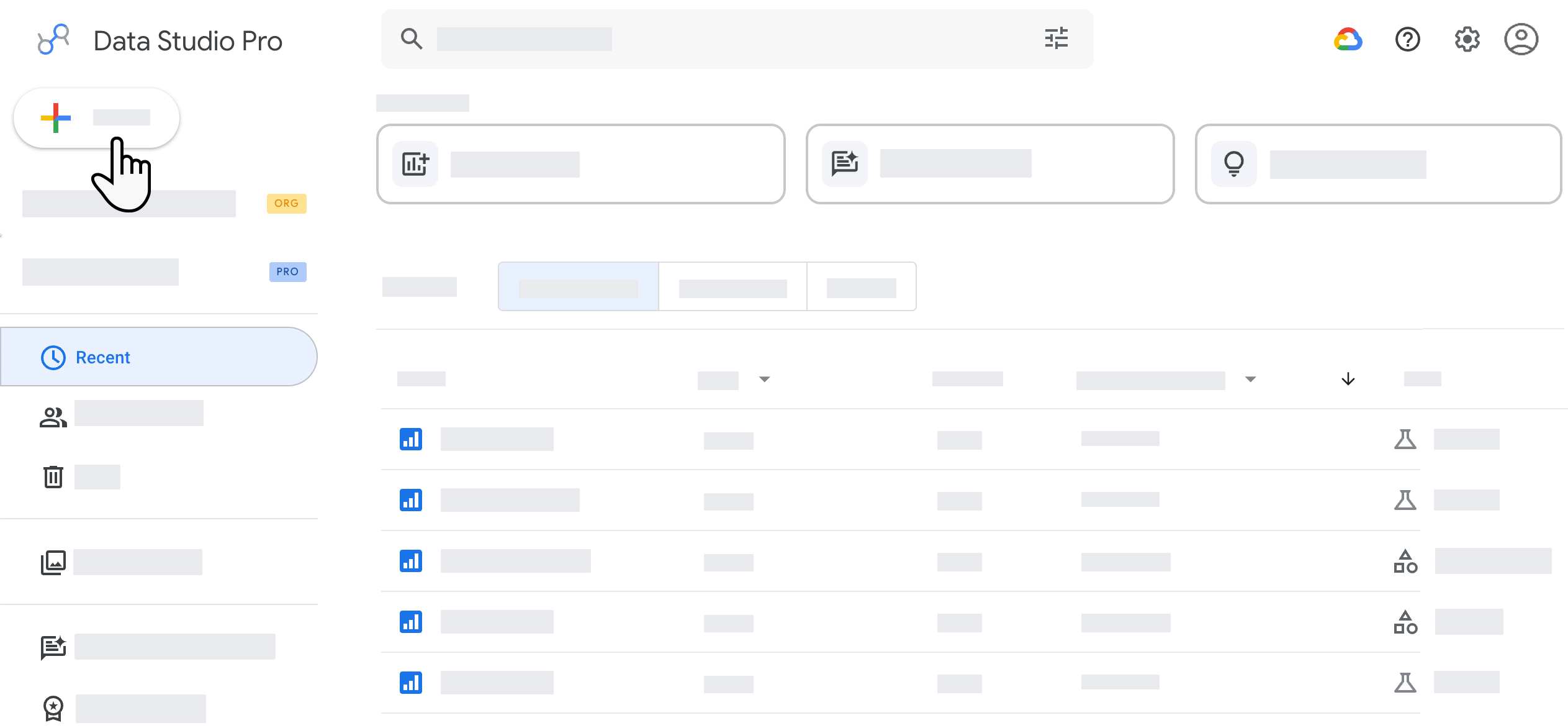 使用者選取數據分析首頁導覽面板上的「+ 建立」按鈕，即可在數據分析中建立新內容。