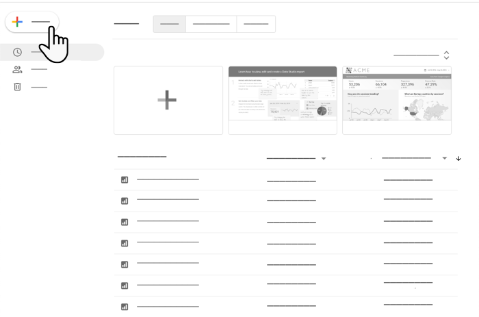 Ein Nutzer wählt auf der Data Studio-Startseite im linken Navigationsbereich die Schaltfläche „+ Erstellen“ aus, um neue Inhalte in Data Studio zu erstellen.