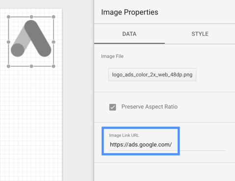 בחלונית 'מאפייני התמונה' של תמונה ב-Google Ads, הקישור https://ads.google.com מוצג בשדה 'כתובת URL של קישור לתמונה'.
