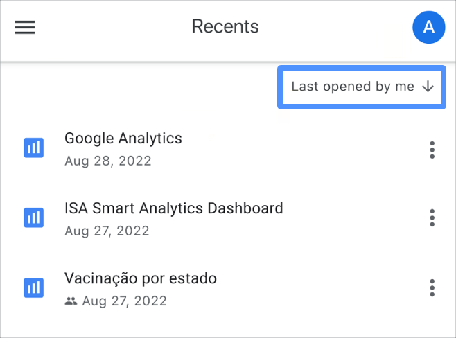 בתיבת הדו-שיח של המיון באפליקציית Data Studio מוצג הטקסט 'התאריך שבו פתחתי לאחרונה' בתצוגת הדוח 'פריטים אחרונים'.