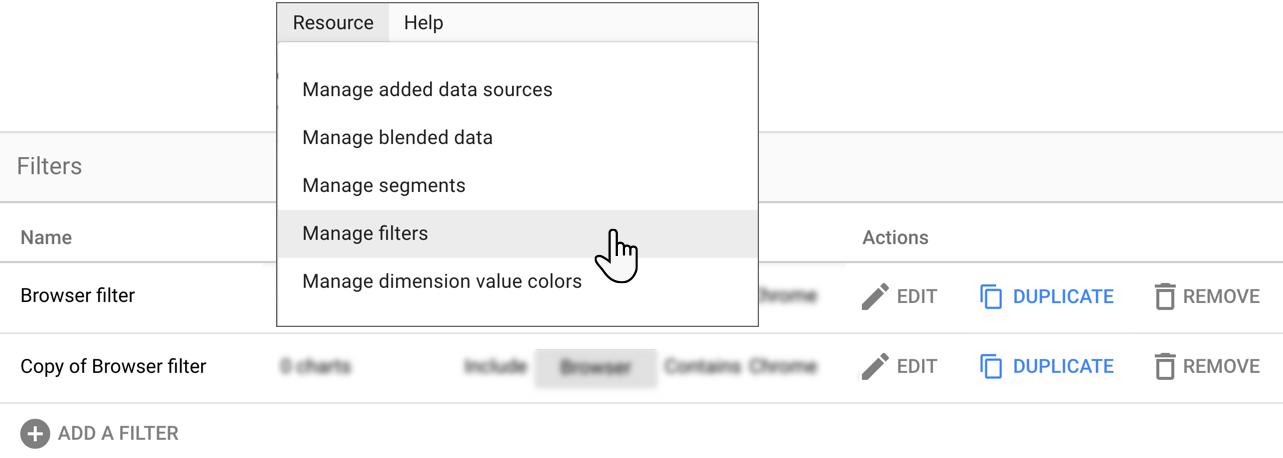האפשרות Manage filters (ניהול מסננים) מודגשת בתפריט Resource (מקור מידע).