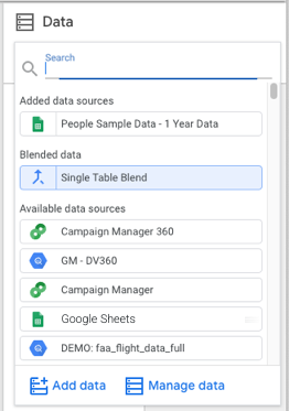 The data source picker displays multiple data source types with colored icons and Add data and Manage data buttons.