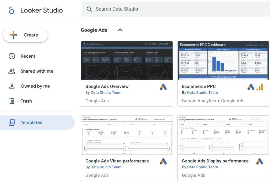 The Looker Studio report template gallery displays both the Templates link in the left navigation panel and the Google Ads report templates.