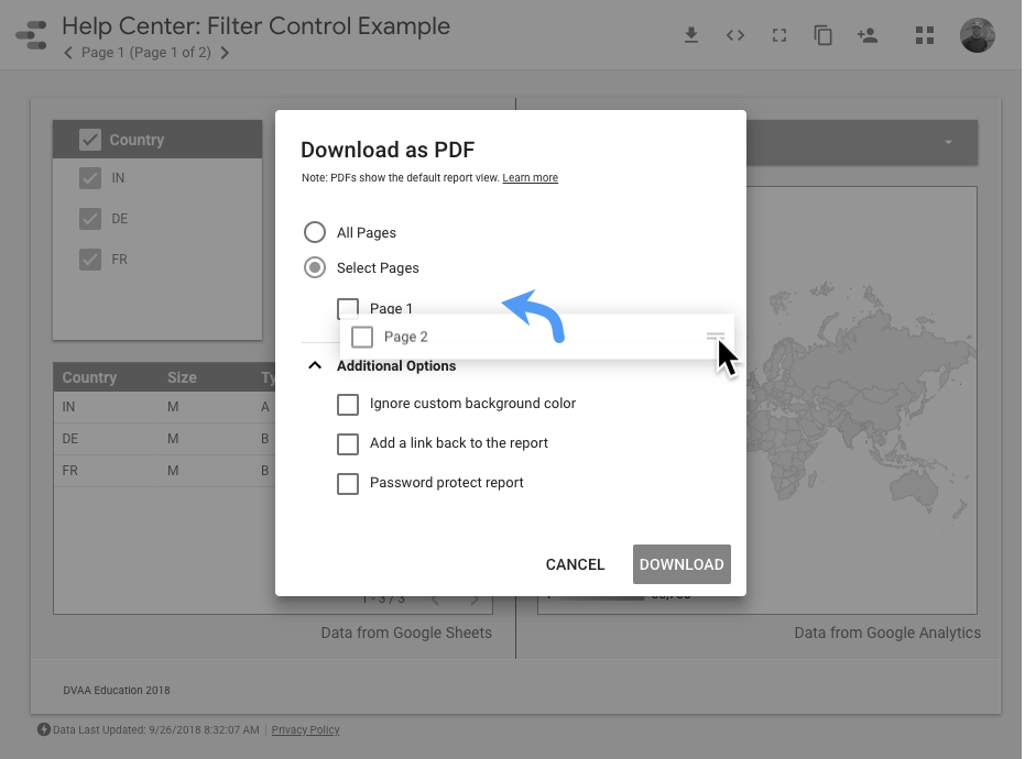 Im Menü „Als PDF herunterladen“ kann ein Nutzer bei ausgewählter Option „Seiten auswählen“ die Reihenfolge der Seiten ändern, indem er die entsprechende Seite per Drag-and-drop auf die gewünschte Position zieht (beispielsweise „Seite 2“ auf die Position von „Seite 1“).