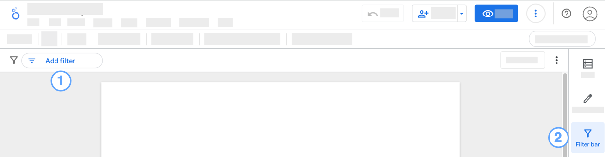 Interfaccia dell'editor di Data Studio, con i pulsanti Aggiungi filtro rapido e Barra dei filtri evidenziati.