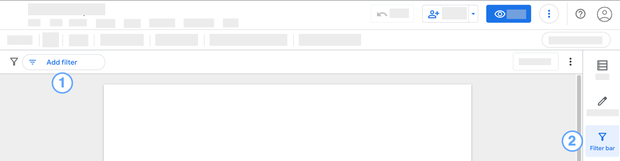 The Data Studio editor interface, with the Add quick filter and Filter bar buttons called out.