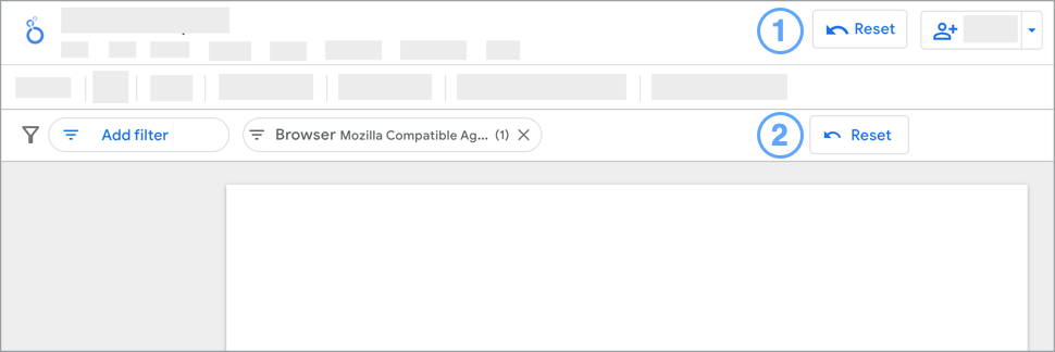 The Data Studio editor interface, with the report-level reset button and filter bar reset button called out.