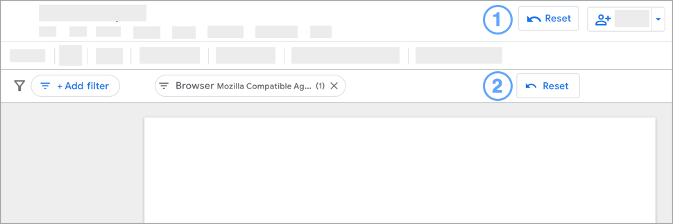 Antarmuka editor Data Studio, dengan tombol reset tingkat laporan dan tombol reset panel filter dipilih.