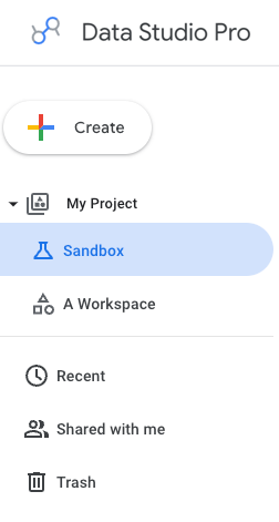 Le menu de navigation de gauche de Data Studio montre un projet Pro nommé "Mon projet", avec un bac à sable mis en surbrillance. "À moi" n'est pas disponible.