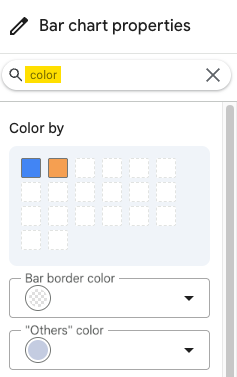 Searching for the word 'color' in the chart properties panel displays settings such as 'Color by', 'Bar border color', and 'Others color'.