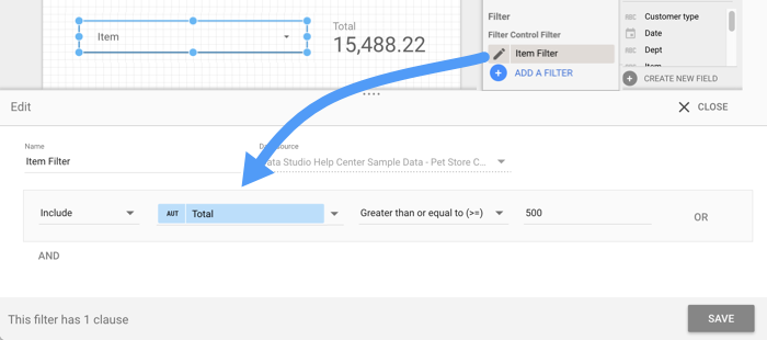 A calculated field called Item Filter with the logic Greater than or equal to 500 is selected as the Filter Control Filter.