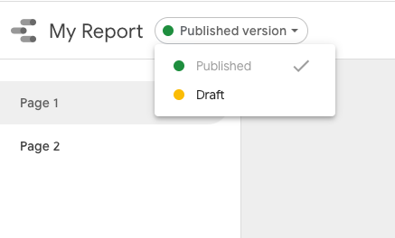 Ein Nutzer wählt im Drop-down-Menü der Versionsschaltfläche neben dem Berichtstitel die Option „Veröffentlicht“ aus. Die Schaltfläche enthält den Text „Veröffentlichte Version“.
