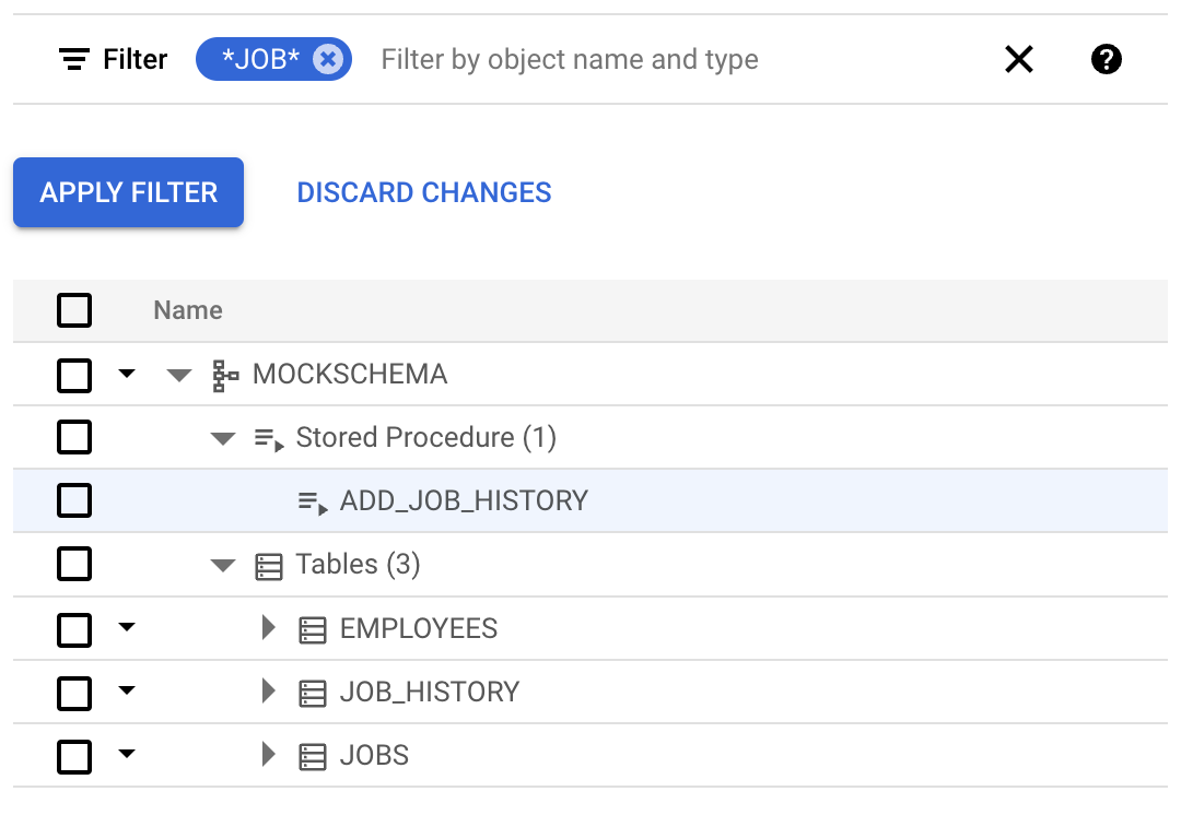 名前でオブジェクトをフィルタリングした結果の例のスクリーンショット。
