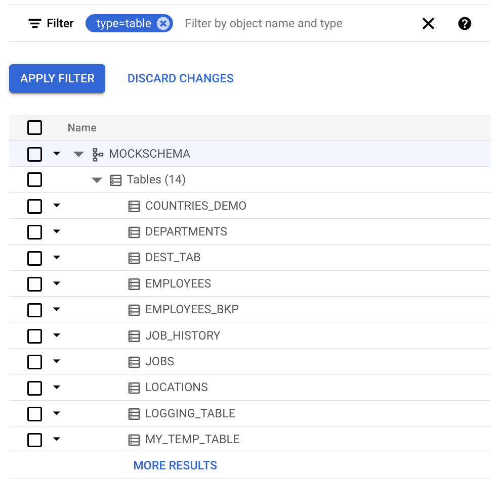 Captura de tela de um exemplo de resultados da filtragem de objetos por propriedade de tipo.