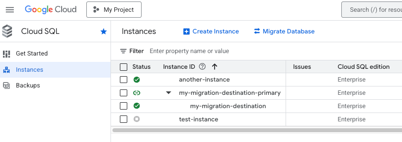 View of the demoted destination instance in Cloud SQL Console.
              The image shows how the destination instance is managed by the
              temporary orchestration instance.