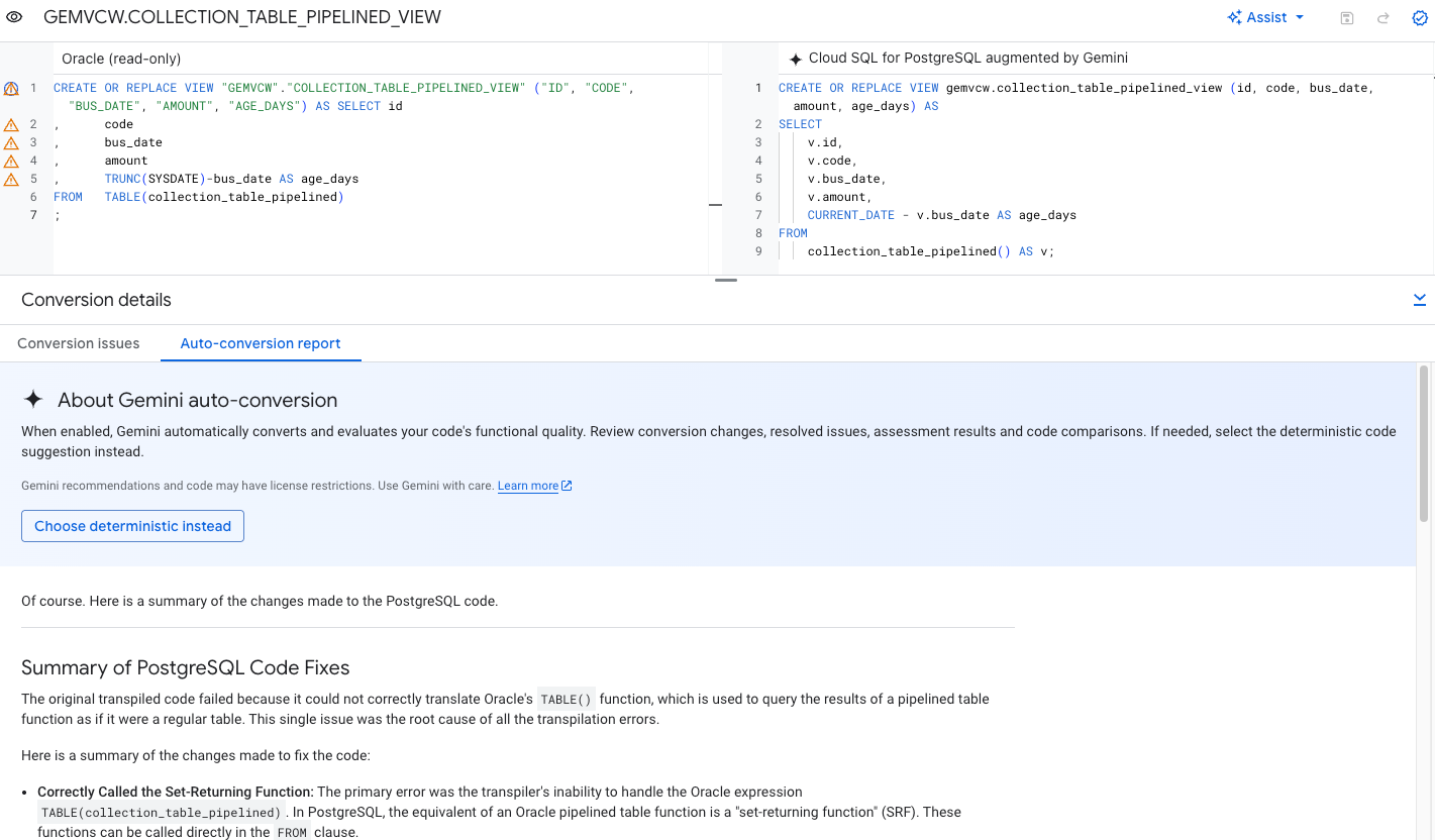 Panneau de conversion automatique optimisé par Gemini, avec des détails sur les ajustements apportés au schéma converti.