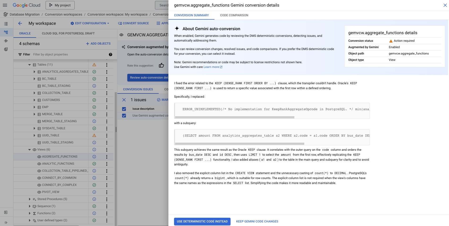Ein mit Gemini betriebenes Feld für die automatische Konvertierung mit Details zu den Anpassungen, die am konvertierten Schema vorgenommen werden.