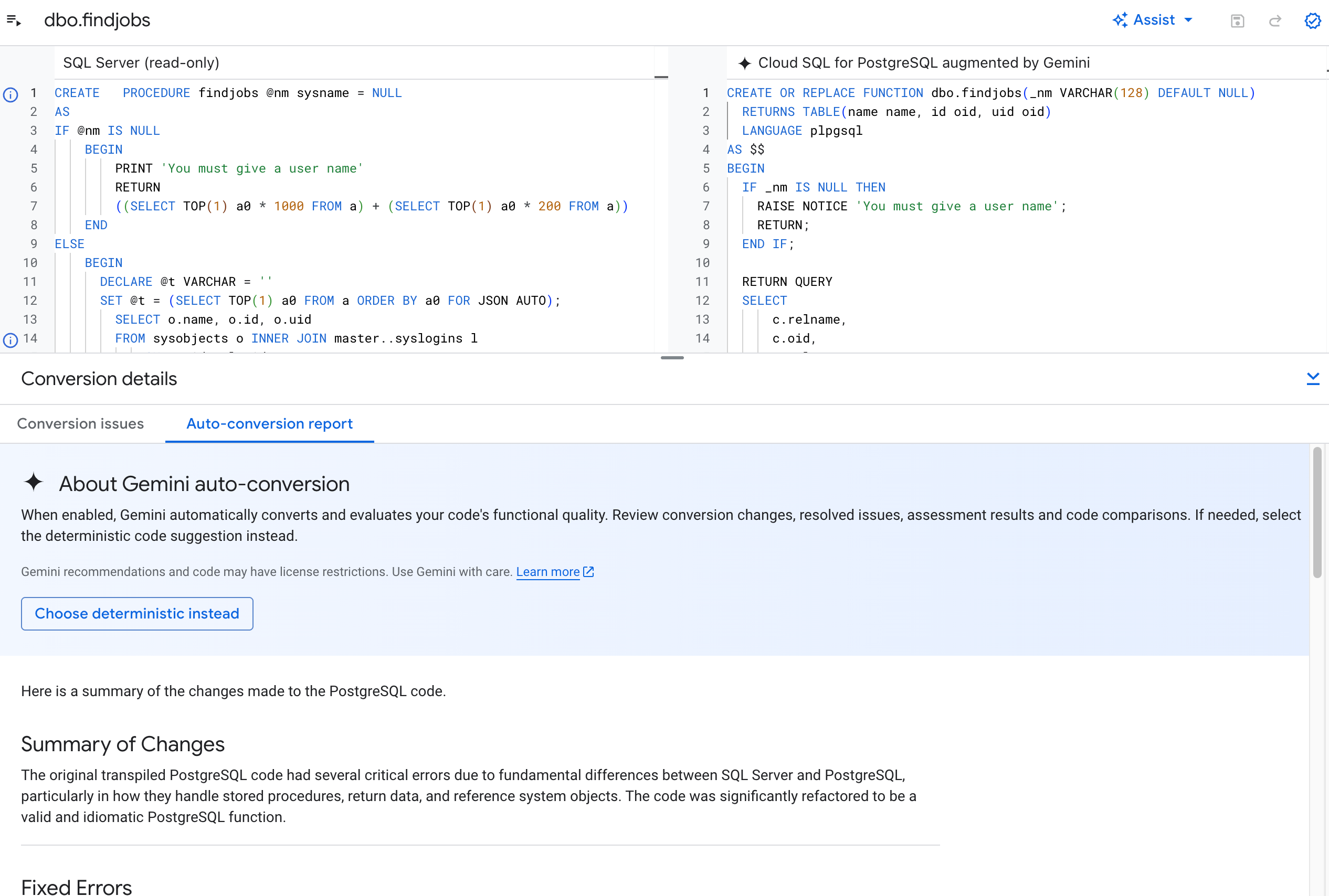 Gemini-powered auto-conversion panel with details regarding what
               adjustments are implemented to the converted schema.