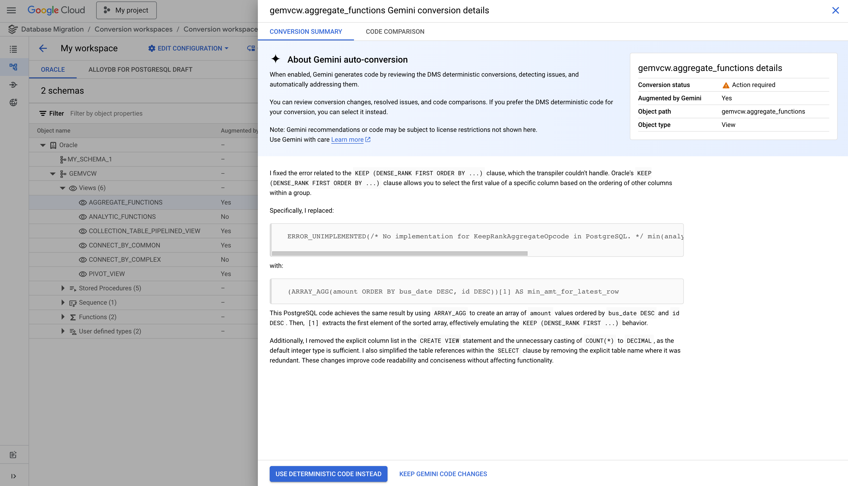 Pannello di conversione automatica basato su Gemini con dettagli sugli
               aggiustamenti implementati nello schema convertito.