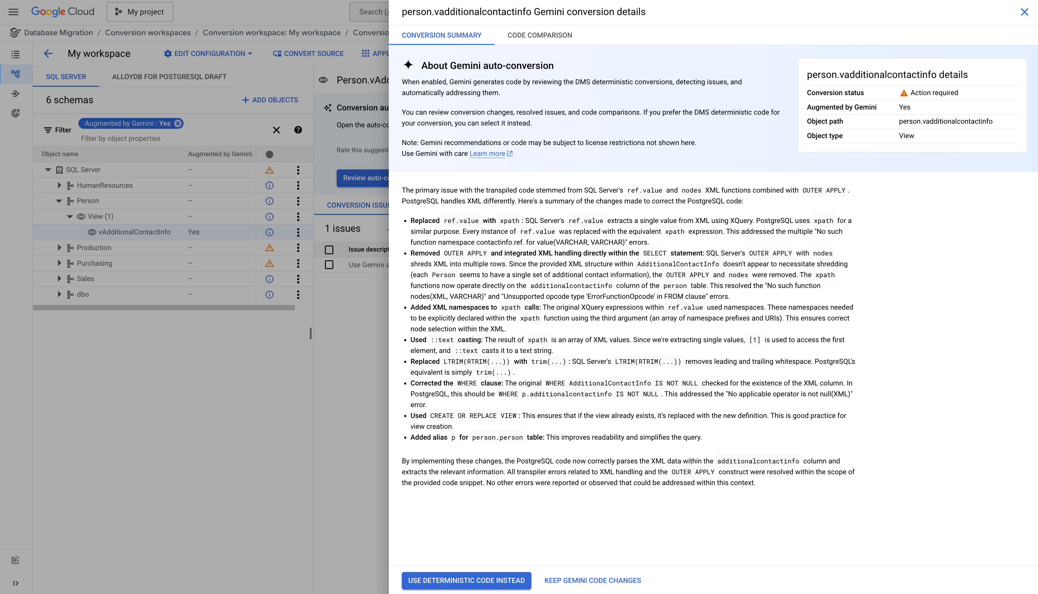 Gemini-powered auto-conversion panel with details regarding what
               adjustments are implemented to the converted schema.