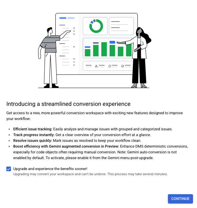 Cuadro de diálogo que muestra la oferta de actualización del espacio de trabajo Conversiones
            en la interfaz del espacio de trabajo Conversiones.