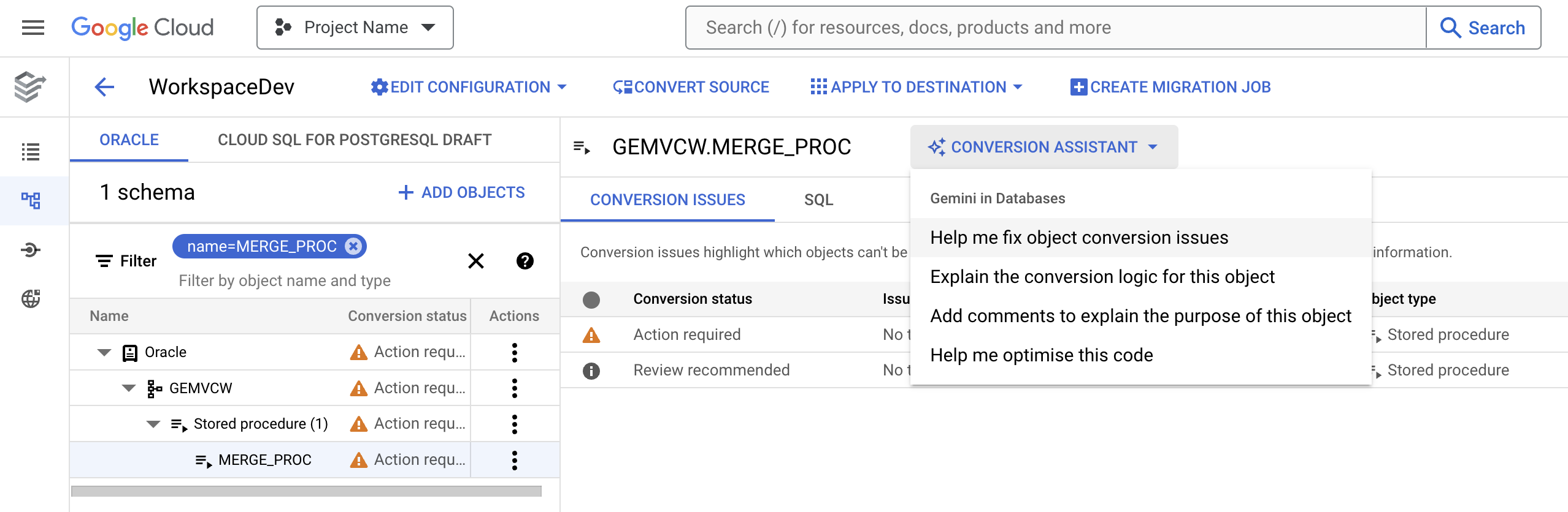 Uno screenshot che mostra come accedere ai prompt di Gemini
per la spiegabilità della conversione di codice e schema.
