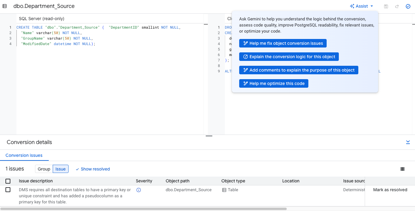A screenshot that shows how to access Gemini prompts
      for code and schema conversion explainability.