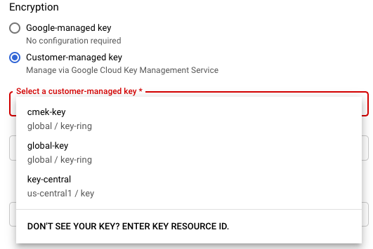Verschlüsselungsoptionen auf der Seite „Job aus Vorlage erstellen“ zum Verwenden eines Google-owned and Google-managed encryption key oder vom Kunden verwalteten Schlüssels