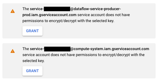 Ti viene chiesto di concedere le autorizzazioni per criptare e decriptare i dati nei tuoi
              service account Compute Engine e Dataflow utilizzando una
              determinata chiave CMEK.