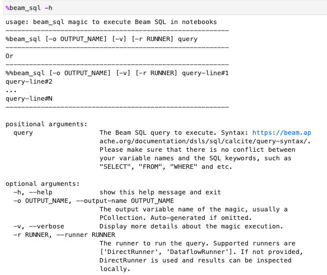 Consulta la ayuda de beam_sql