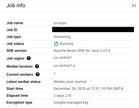Panel lateral Información de la tarea de una tarea de Dataflow en ejecución.