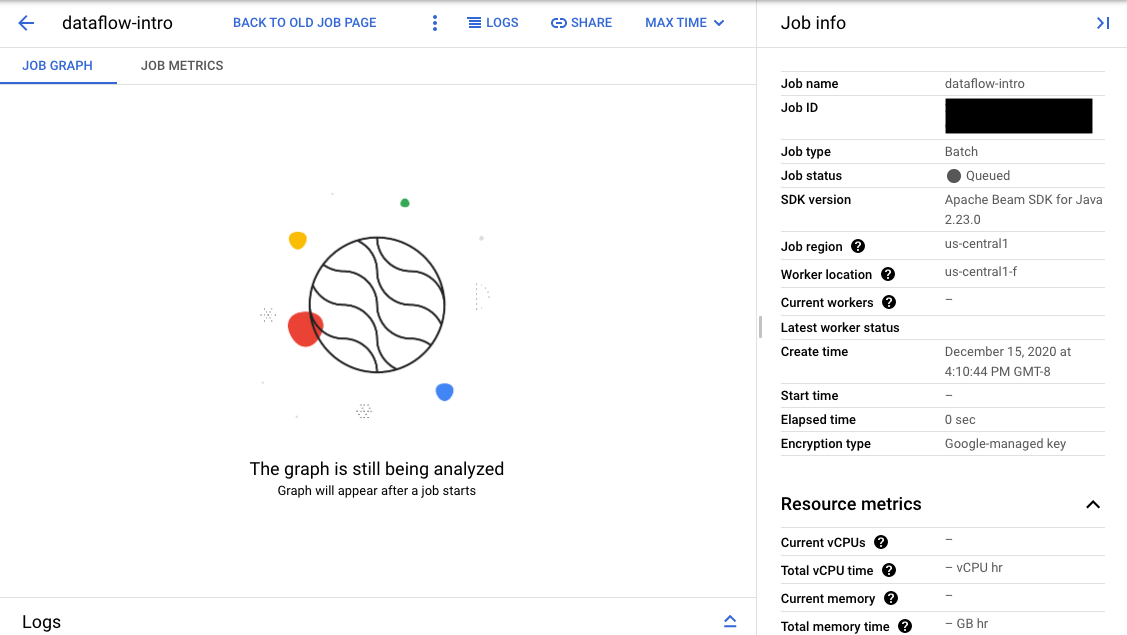 Un job di pipeline individuale in coda nell'interfaccia di monitoraggio di Cloud Dataflow.