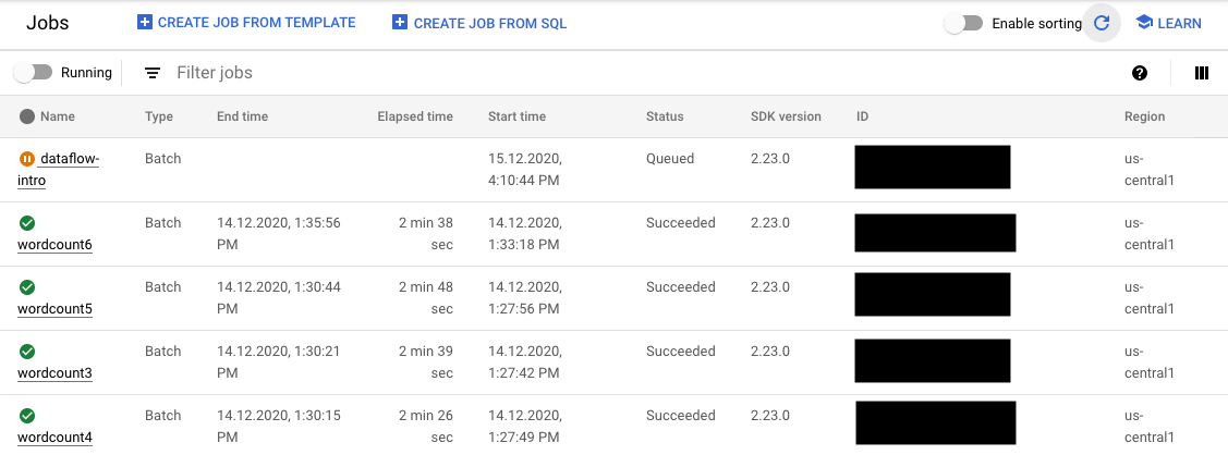 Eine Liste der Dataflow-Jobs in der Google Cloud Console, die einen Job mit dem Status „In der Warteschlange“ enthalten.