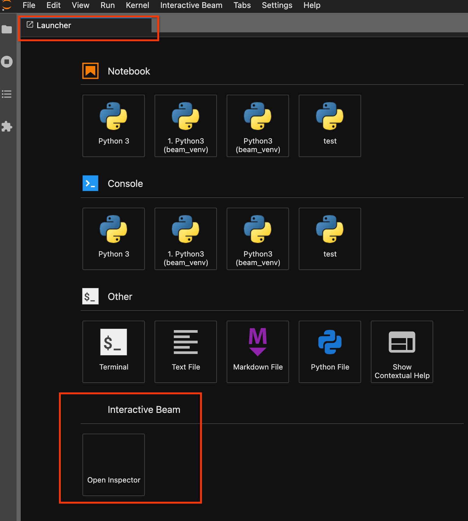 Abra o inspetor através do Launcher