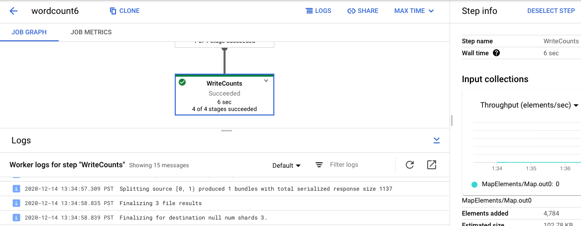 ステップ固有のログを表示する Dataflow モニタリング インターフェース。